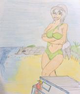 bikini breasts drawing giantess white_hair mega blonde color long_hair swimsuit blue_eyes beach water ocean smiling ginormica monsters_vs_aliens grey_hair lifeguard arms_folded whippetwild nissi_beach susan_murphy dreamworks
