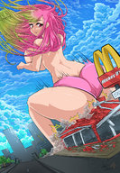 drawing giantess panties color butt_crush huge_breasts sitting pink_eyes multicolored_hair autumnology fast_food_restaurant jian_shui