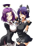 drawing blushing large_breasts skirt anime purple_hair stockings smiling shrunken_men shrunken_man giantesses looking_at_viewer no_background kantai_collection saipin admiral tatsuta tenryuu between_breasts