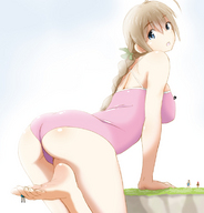 drawing gentle giantess color butt swimsuit blue_eyes toes barefoot soles brunette foot_play open_mouth between_toes looking_back ankle bikuta looking_at_tiny on_breasts