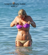 collage blonde swimsuit cleavage water wet belly shrunken_woman swimmers pacmanri looking_at_tiny between_breasts