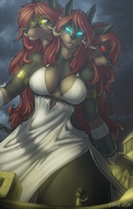 drawing gentle giantess furry horns mega color blue_eyes clothed cleavage anime red_eyes yellow_eyes red_hair cerberus clouds thighs outdoors sky chains dog_girl toga armbands looking_at_tiny coracroma manacles extra_heads cuffs strype binds