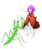 drawing toes barefoot anime purple_hair shrunken_woman bug needle ankles no_background praying_mantis