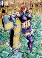 breasts drawing giantess city mega alien color skirt buildings green_eyes teen_titans red_hair starfire boots robin heart leaning_against_building cape trees top belt giantessfan dc_comics bare_midriff titans_tower