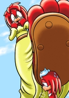 furry toes green_eyes red_hair dress sandals foot_crush knuckles echidna imminent_crush looking_at_tiny viraljp lara-le