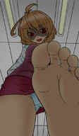drawing panties feet upskirt blonde color barefoot soles anime red_eyes dress point_of_view raised_foot