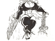 drawing giantess size_difference monochrome cleavage huge_breasts muscles golem leather latex