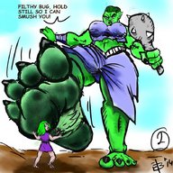 drawing giantess soles low_angle story green_hair looking_down orc point_of_view raised_foot imminent_crush green_skin looking_at_tiny myegotripped club lucy_luckless