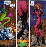 drawing giantess crush mega comic long_hair red_hair boots foot_crush giant_girl janet_van_dyne comic_books marvel_comics u-foes