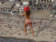giantess collage swimsuit beach barefoot buildings unknown_artist sand hat sunbathers imminent_crush downward_angle