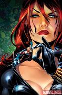 breasts drawing color long_hair cleavage green_eyes gloves red_hair looking_down bodysuit ant-man jumpsuit zipper flick on_shoulder black_widow comic_books marvel_comics