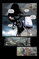 drawing giantess black_hair long_hair boots foot_crush looking_down comic_book leather point_of_view body_suit