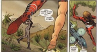 drawing giantess mega comic long_hair butt barefoot brunette multiple_sizes boots fishnets giantesses outdoors costume doom_patrol ripped_clothing dc_comics elasti-girl black_alice secret_six rita_farr