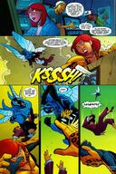 drawing giantess mega comic black_hair color high_heels giganta red_hair fighting falling bodysuit jumpsuit dialogue business_suit dc_comics blue_beetle