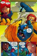 drawing giantess mega color long_hair giganta red_hair indoors jumpsuit dialogue business_suit dc_comics blue_beetle comic_books