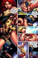breasts drawing giantess mega blonde comic color long_hair handheld green_eyes giganta red_hair dress fighting fishnets fist jacket costume leotard dialogue justice_league leopard_print dc_comics black_canary
