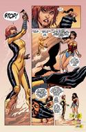 drawing giantess mega comic black_hair color long_hair beach handheld brunette giganta gloves red_hair boots bodysuit costume wonder_woman leotard jumpsuit bracelet dialogue lasso dc_comics