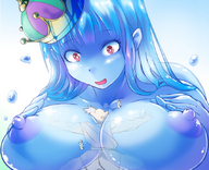 breasts drawing nipples giantess color large_breasts cleavage finger red_eyes blue_hair domination unknown_artist crown blue_skin source_needed slime_girl dragon_quest looking_at_tiny gender_bender between_breasts