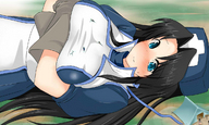drawing gentle giantess blushing black_hair color blue_eyes huge_breasts eliza gloves lying_down crossed_arms tent on_breasts mejiro