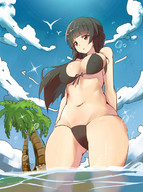 giantess swimsuit cleavage water anime low_angle unknown_artist belly clouds thighs sky point_of_view