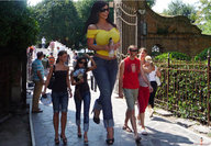 collage size_difference brunette mini_giantess unknown_artist walking sunglasses denise_milani sidewalk