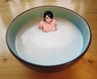 collage nude black_hair topless milk table shrunken_woman bowl