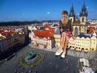 giantess collage buildings short_hair sitting people sky looking_at_viewer courtyard