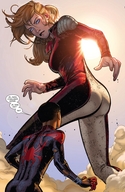 breasts drawing giantess mega blonde comic color long_hair butt blue_eyes clothed green_eyes story red_hair ponytail looking_down thighs outdoors giant_girl ripped_clothing jumpsuit dialogue dust_cloud looking_at_tiny cassie_lang stature miles_morales spider-man cassandra_lang marvel_comics skintight_clothing