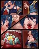 drawing vore color handheld saliva blue_hair elf shrunken_woman open_mouth inside_mouth swallowed league_of_legends on_tongue sona soraka pointed_ears
