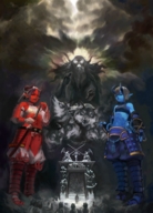 horns armor belly demoness hell giantesses gate thighs crowds wolves swords cloudy looking_at_tiny pointed_ears