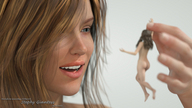 blonde handheld green_eyes smiling shrunken_woman hanging_on looking_at_tiny digital_render stephy fater