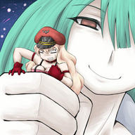 giantess anime brown_eyes smiling green_hair in_hand
