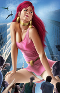 breasts drawing giantess panties city mega upskirt color long_hair cleavage giganta red_hair dress hand looking_up thighs earrings belt watermark dc_comics raymund_lee