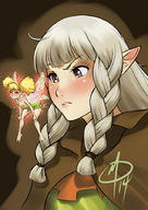drawing white_hair blushing fairy shrunken_woman ahoge braid pointed_ears cloak dragons_crown twerking polarityplus elf_(dragons_crown) tiki_(dragons_crown)