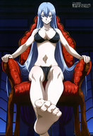 drawing swimsuit cleavage soles anime low_angle sitting looking_down point_of_view looking_at_viewer raised_foot foreign_text esdeath