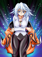 drawing gentle white_hair color large_breasts blue_eyes cleavage shrunken_men shrunken_man commission cramous tales_of_symphony raine_sage between_breasts