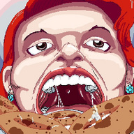micro vore teeth milk brown_eyes red_hair shrunken_men unaware shrunken_man eating open_mouth cereal molotav commission pixel_art cheerios honey_i_shrunk_the_kids_parody cereal_vore