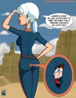 breasts drawing giantess white_hair mega color butt blue_eyes desert ponytail ginormica short_hair unaware mountains monsters_vs_aliens commission belt jumpsuit dialogue zoom hands_on_hips searching stuck_to_butt between_buttcheeks susan_murphy coonfoot dreamworks cutaway