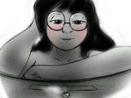 drawing blushing monochrome black_hair glasses shrunken_man trapped tape taped_down homestuck no_background marshmallowbeam looking_at_tiny jade_harley dave_strider