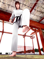 giantess small_woman toes barefoot soles low_angle looking_down point_of_view raised_foot imminent_crush sorenzer0 dojo looking_at_tiny digital_render martial_arts