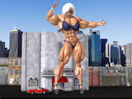 breasts giantess white_hair panties city mega swimsuit blue_eyes bra high_heels buildings ginormica short_hair muscles abs thighs monsters_vs_aliens digital_render susan_murphy