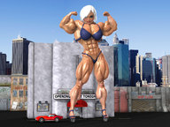 breasts giantess white_hair panties city mega swimsuit blue_eyes bra buildings ginormica short_hair muscles abs thighs monsters_vs_aliens flexing digital_render susan_murphy