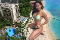 breasts giantess collage mega swimsuit beach cleavage buildings asian kneeling sand looking_at_viewer resort downward_angle lowerrider gail_kim