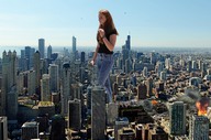 collage city mega destruction clothed helicopter wonderslug red_hair fire walking skyscraper sky chicago sophie_turner