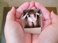 collage handheld shrunken_woman cardboard_box
