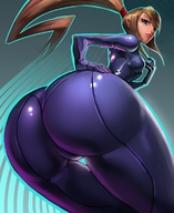 drawing blonde butt blue_eyes samus_aran anime camel_toe unknown_artist zero_suit point_of_view looking_back looking_at_viewer