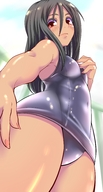 drawing blushing swimsuit anime brunette brown_eyes smiling unknown_artist thighs manicure point_of_view