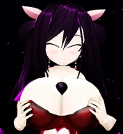 planet cleavage purple_hair breast_crush smiling unknown_artist earrings digital_render cosmic_giantess between_breasts