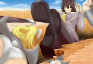 drawing giantess black_hair color brunette brown_eyes boots body_climbing winking canyon
