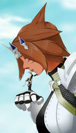 drawing gentle size_difference color armor small_woman cat_ears final_fantasy kissing tkckrys miqote final_fantasy_xiv on_back_of_hand